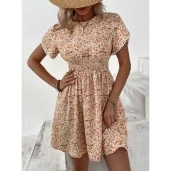 SHEIN VCAY Ditsy Floral Print Guipure Lace Trim Petal Sleeve Shirred Dress Size - Picture 2 of 9